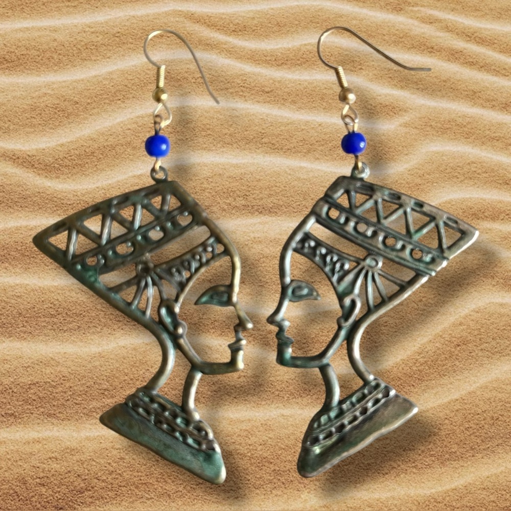 Vintage Nefertiti Earrings Egyptian Queen Blue Glass Bead